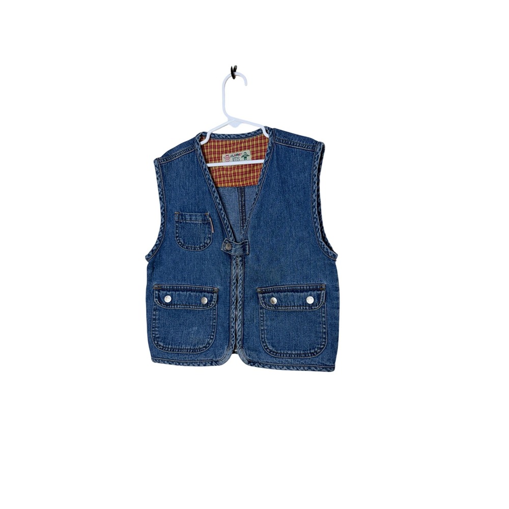 Claire Kids Vintage Denim Vest Blue Medium Wash Plaid Lined Zip Front Size 6A